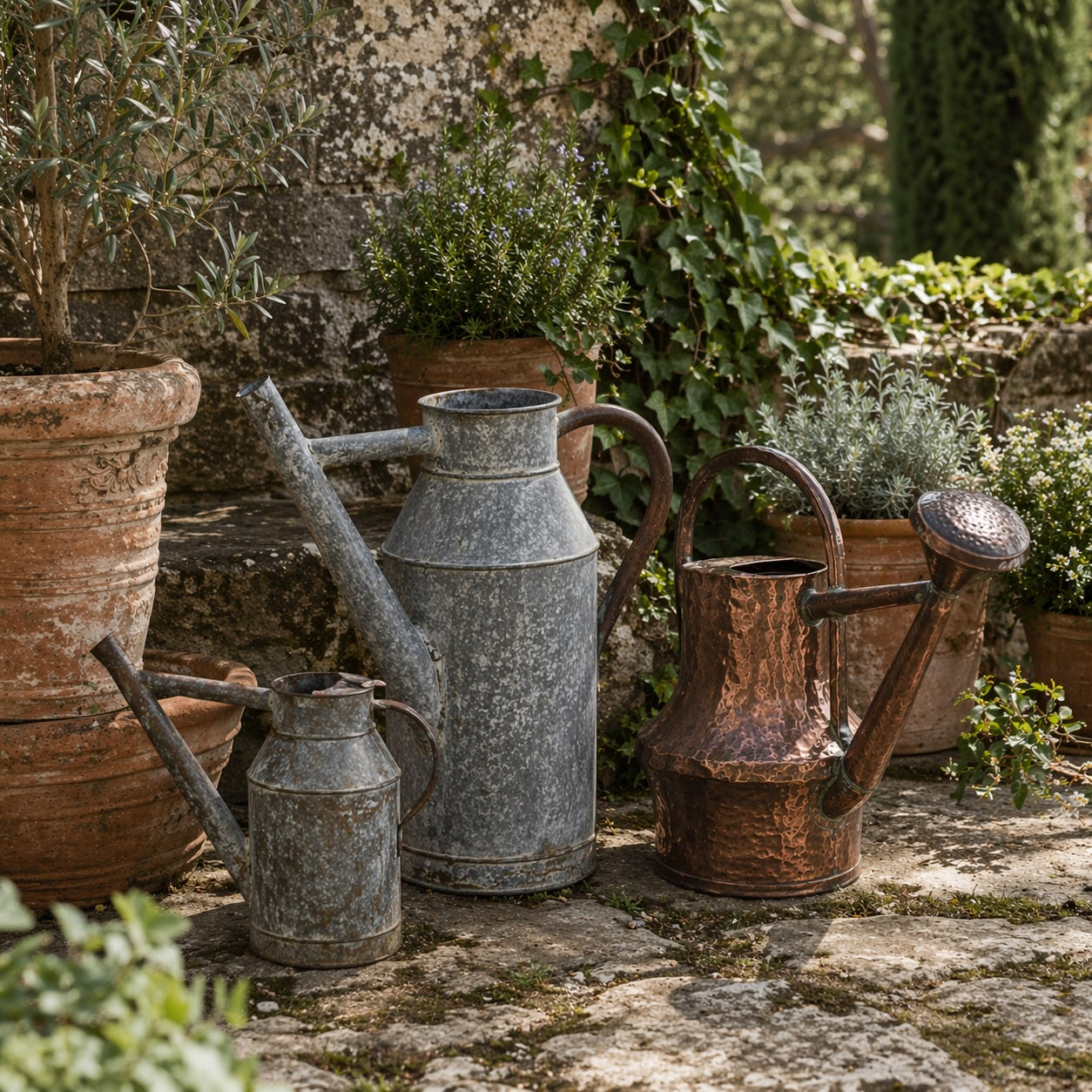 Antique French watering cans beside terracotta pots on a sunlit stone terrace with garden greenery