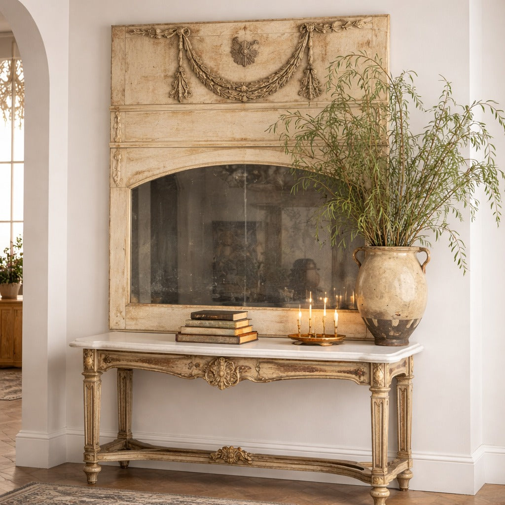 Antique French trumeau mirror with carved giltwood frame above a marble console, styled with candles and a stone urn in a Provençal interior