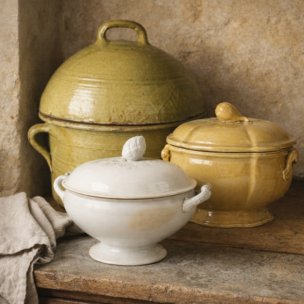Three antique French lidded tureens in green, ochre, and white ironstone glazes, grouped on a stone shelf with a linen cloth