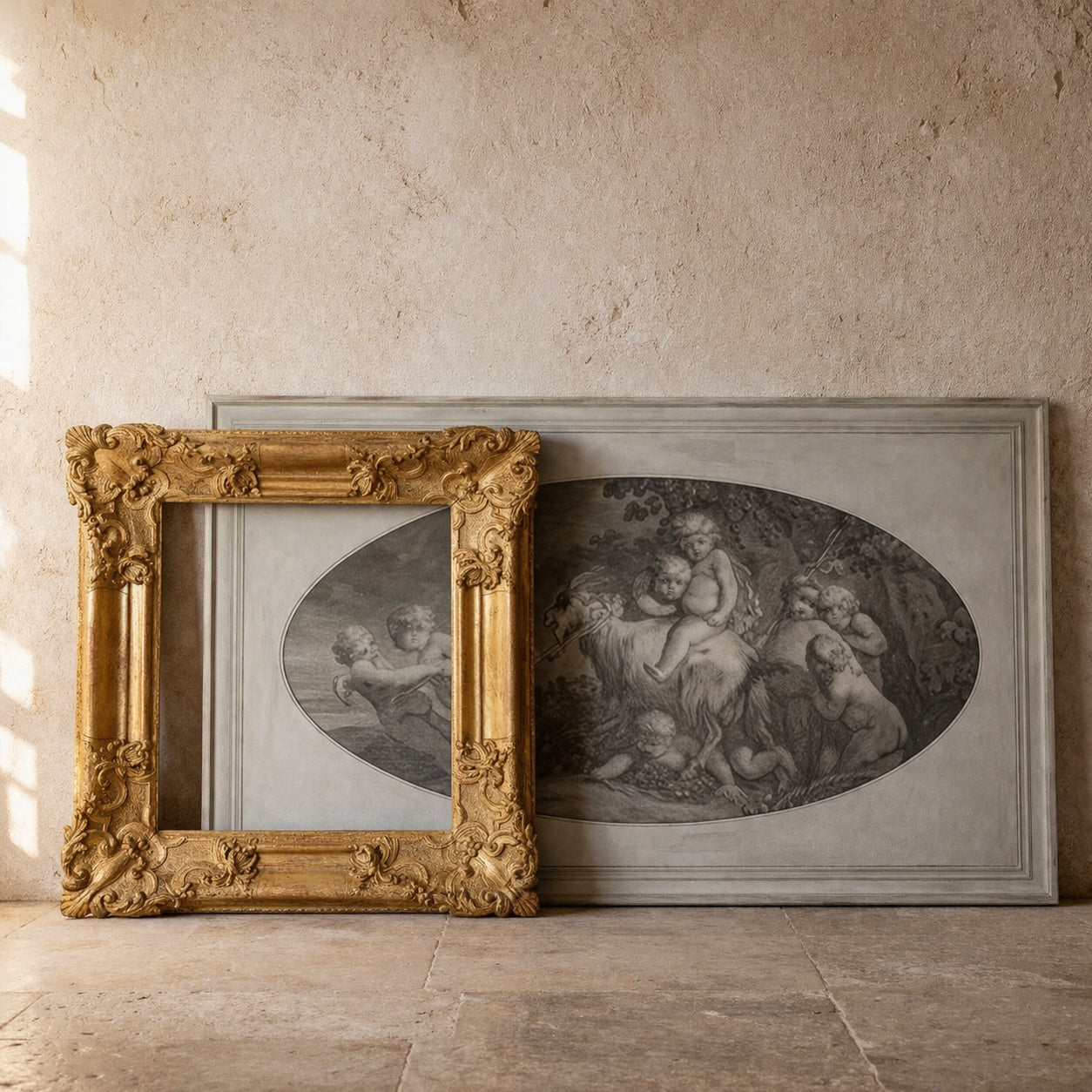 Antique giltwood Rococo frame leaning before a large grisaille panel with putti against an aged plaster wall in soft natural light.