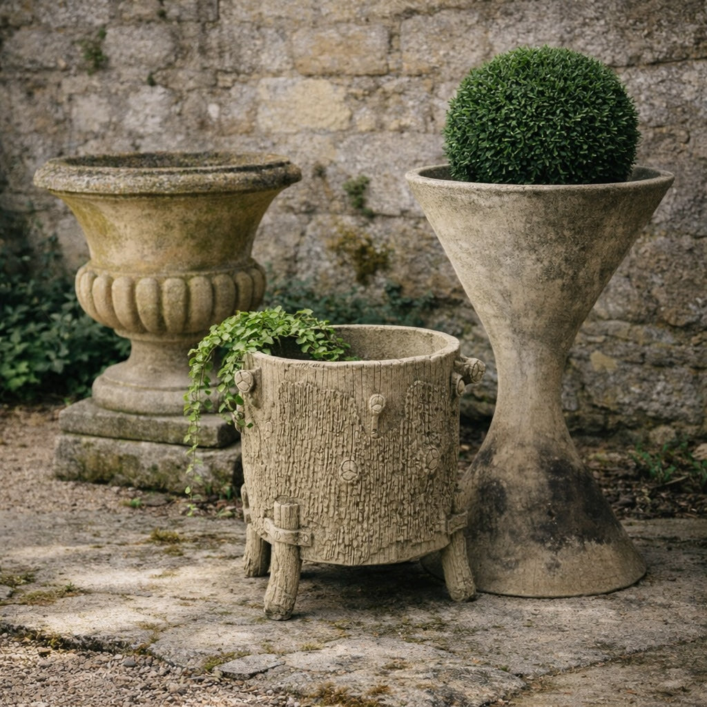 Vintage French garden planters vignette with Medici urn, Willy Guhl diabolo planter, and faux bois cement planter on a stone terrace