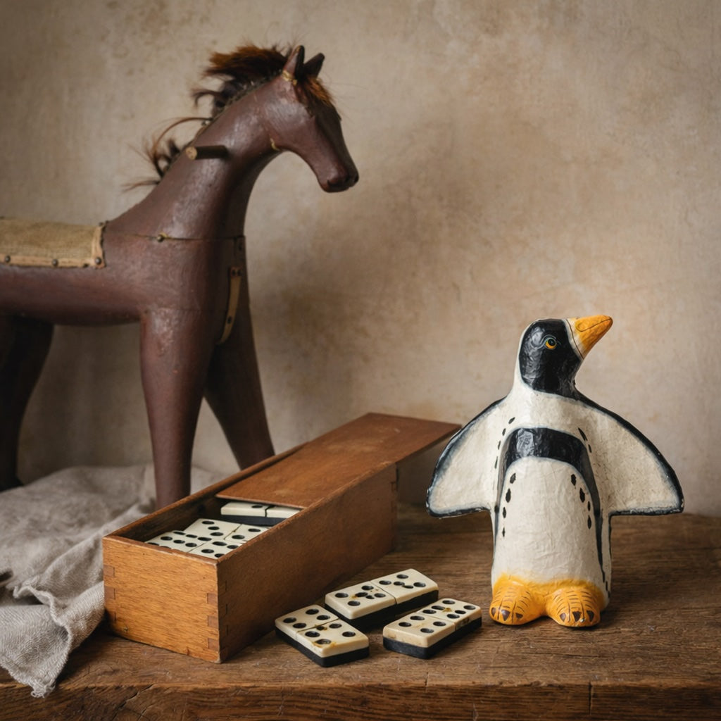 Antique French toys and games vignette with wooden ride-on horse, domino set in box, and hand-painted papier-mâché figure on rustic oak shelf against aged plaster wall