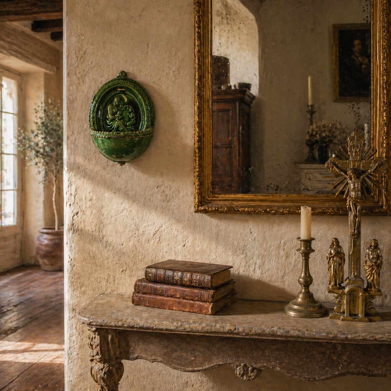 Antique French religious vignette with green glazed bénitier, gilt Calvary sculpture, brass candlestick, and stacked books on a rustic console beneath a gilt mirror