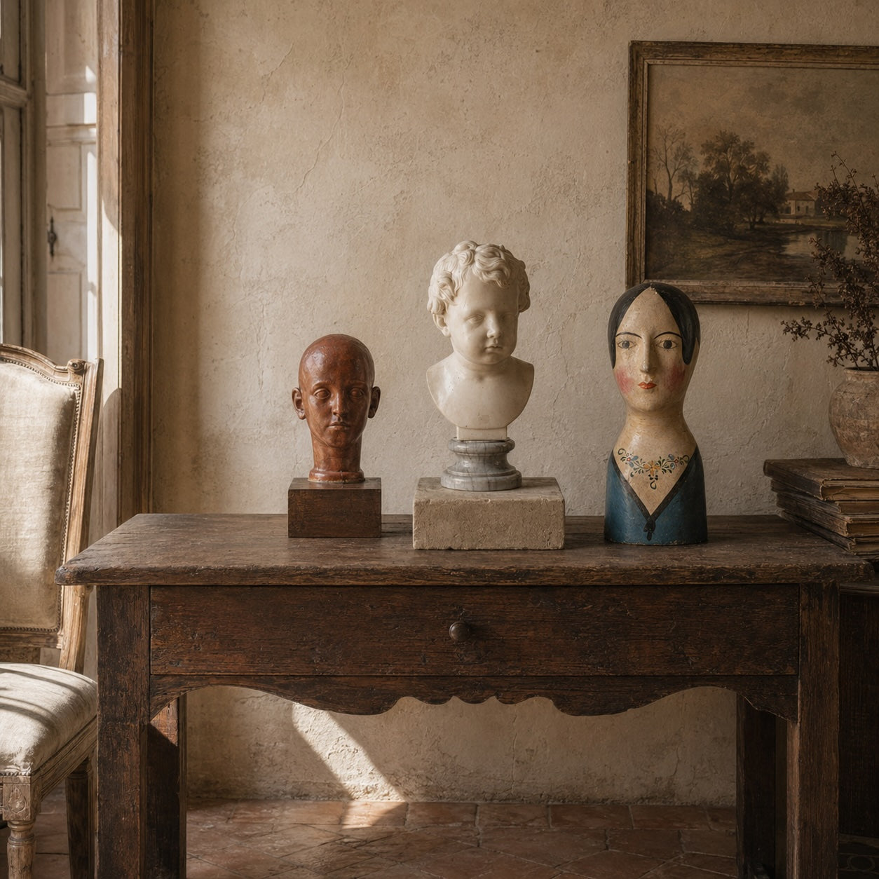 Antique French marble and plaster busts displayed together on a stone console against an aged plaster wall