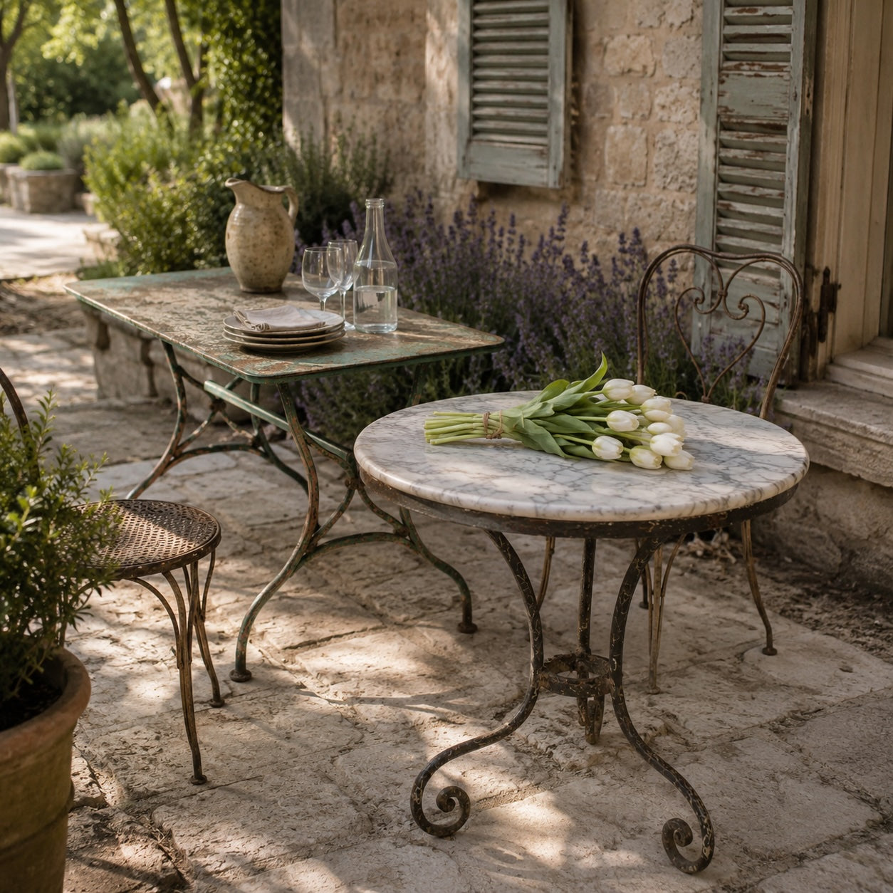 Antique French outdoor tables and wrought iron garden chairs on a Provençal stone terrace with lavender and weathered shutters