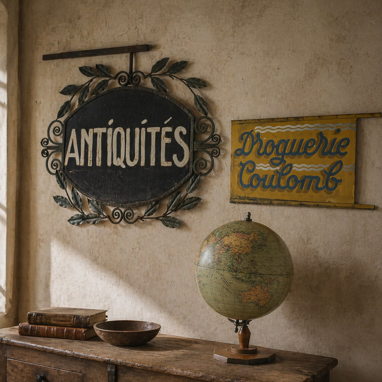 Antique French signs with vintage globe on rustic console against aged plaster wall