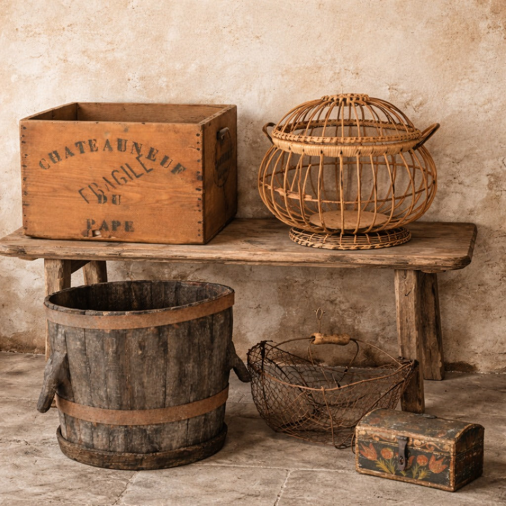 Antique French Baskets, Boxes & Buckets