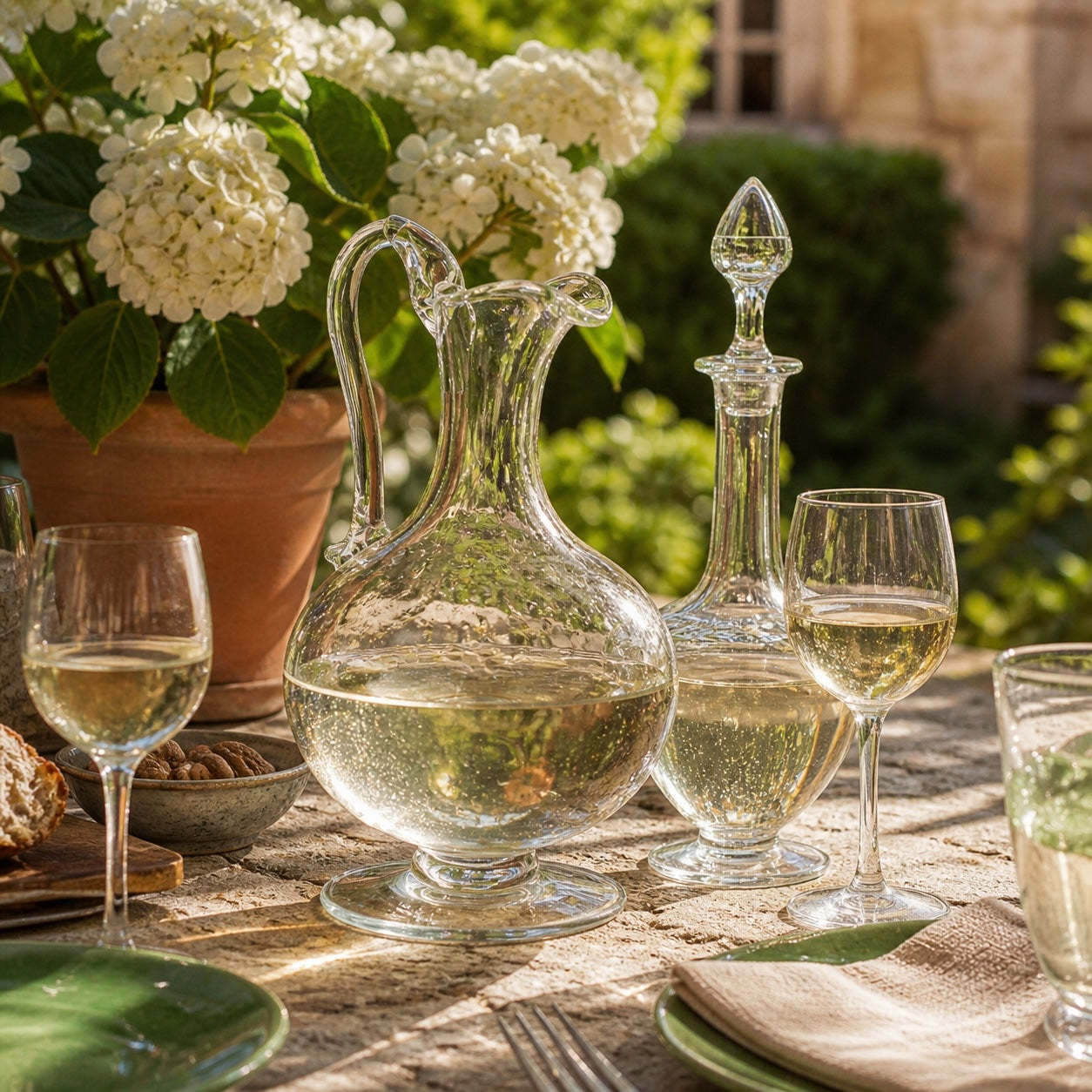 Antique handblown seeded glass ewer and engraved glass carafe on a sunlit Provençal garden table