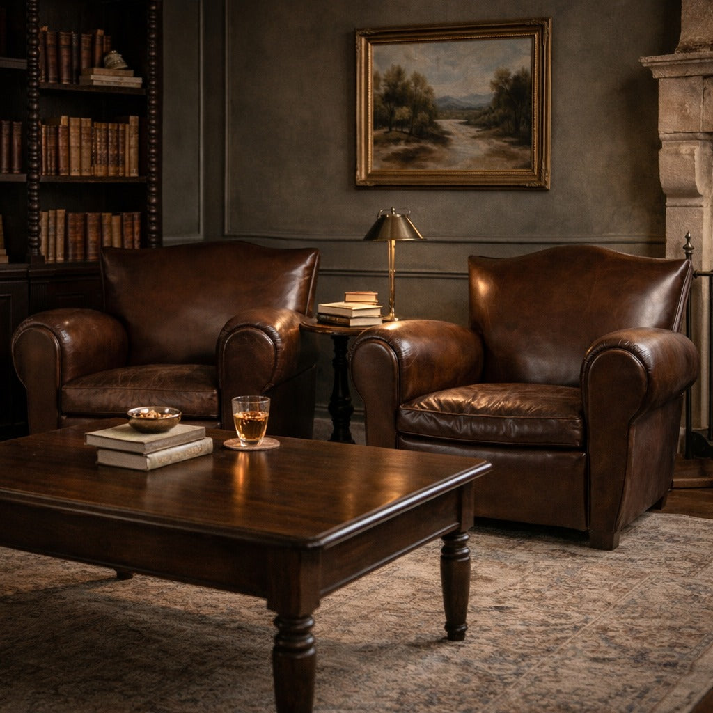 Vintage French leather club chairs