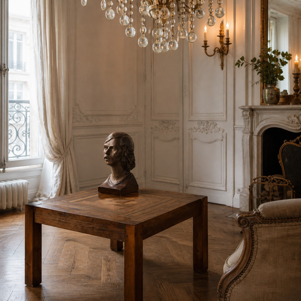 Parisian salon interior with antique parquetry coffee table featuring geometric inlay, topped with a bronze bust, beneath a crystal-drop chandelier,