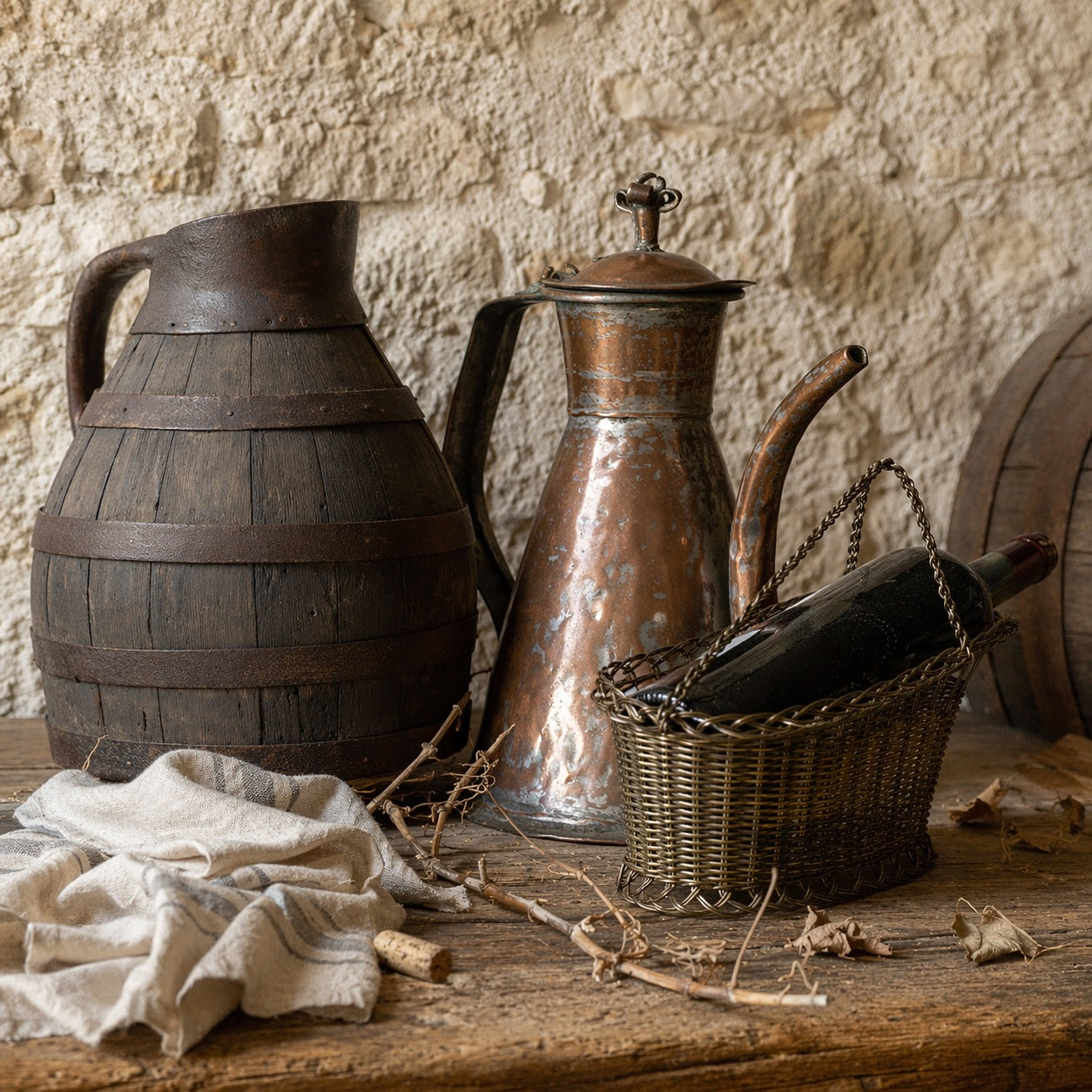 Antique French winemaking tools styled on a rustic table with a wooden pitcher, copper jug, and metal bottle carrier