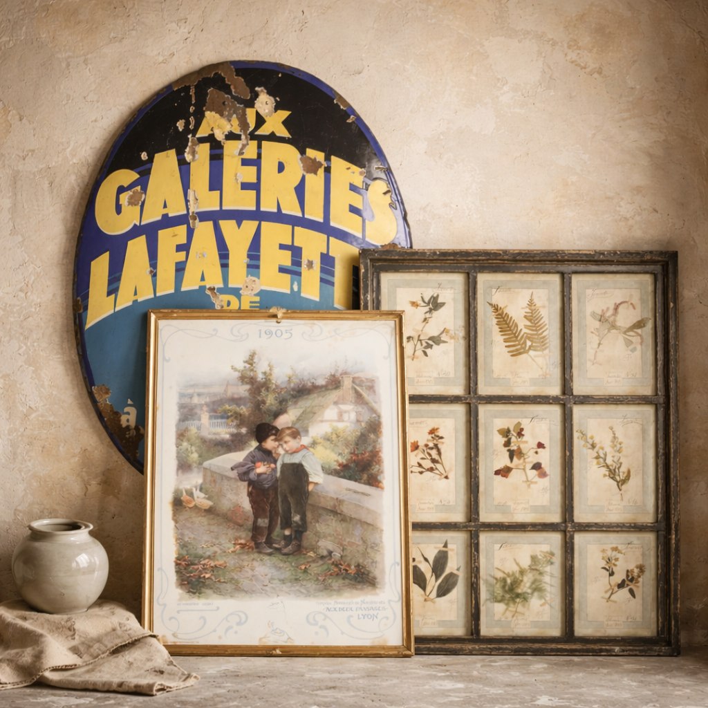 French wall decoration vignette with antique enamel advertising sign, framed Belle Époque lithograph, and botanical herbarium on aged plaster wall