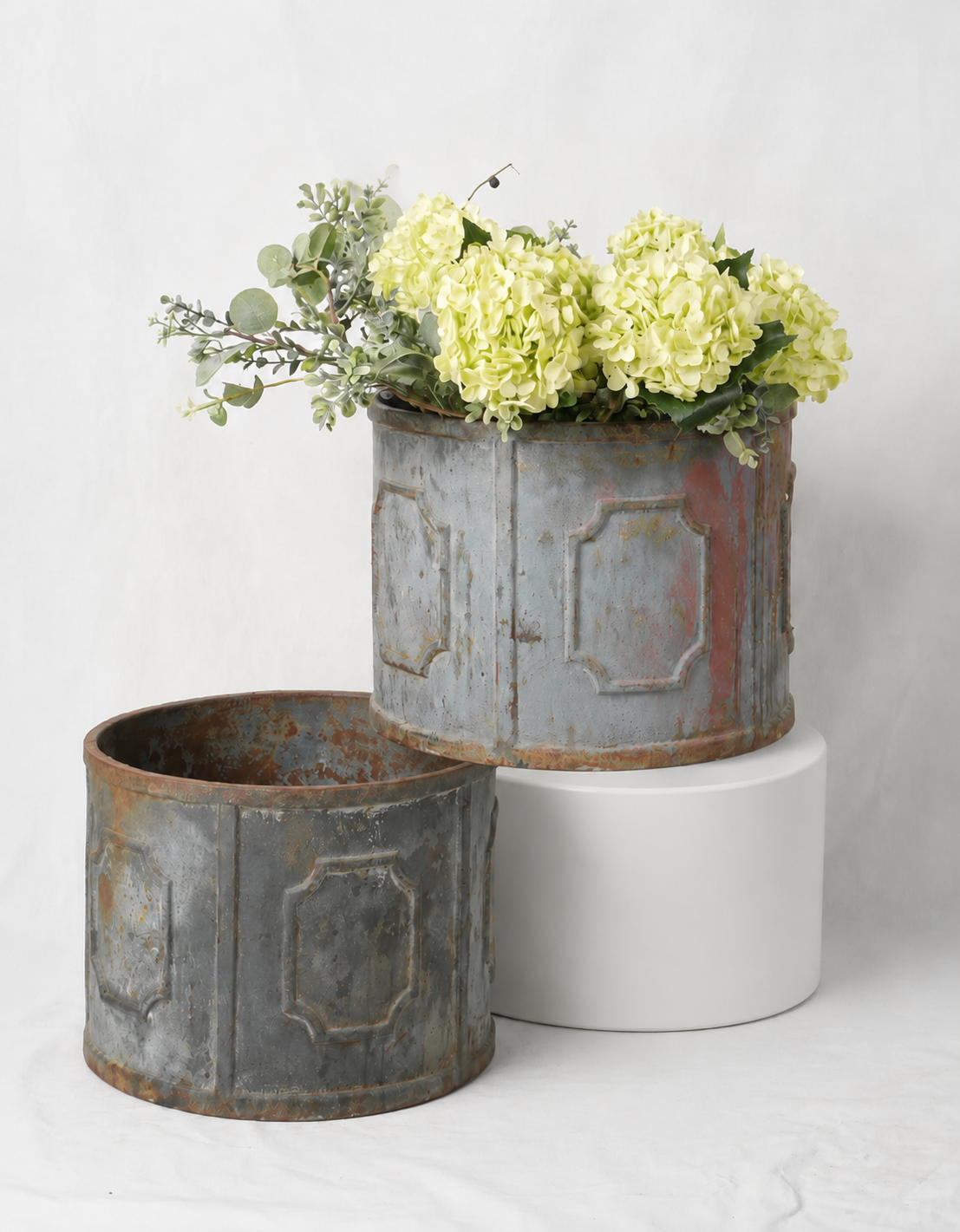 Pair of Round Cast Iron Planters w/ Blue Gray Patina 15¾"