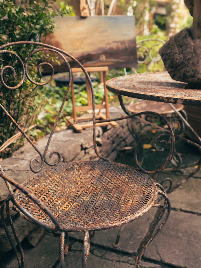 1960s French Wrought Iron Garden Suite w/ Graceful Curves and Layered Patina