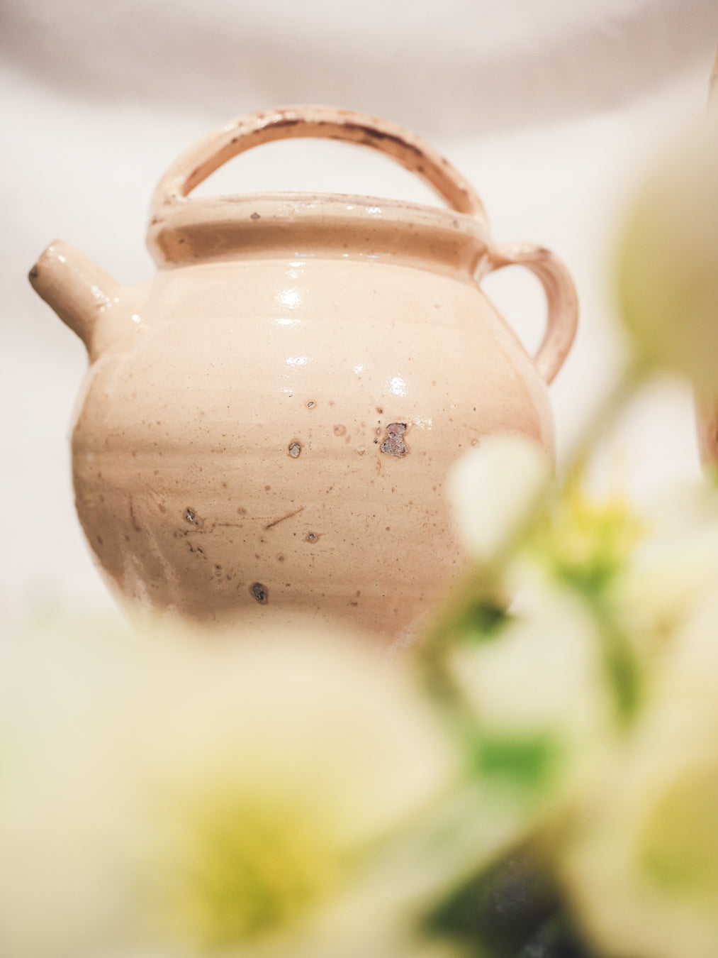Antique Ivory-Glazed Provencal Terracotta Water Jug w/ Lid - 11"
