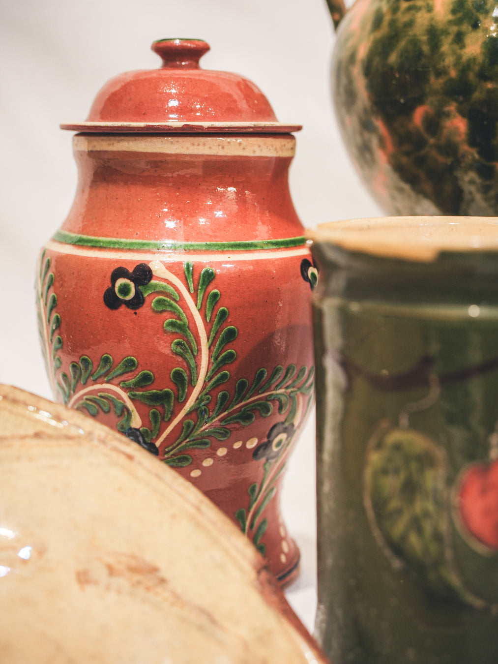 Charming 1960s French Lidded Glazed Pot W/ Floral Motifs -11"