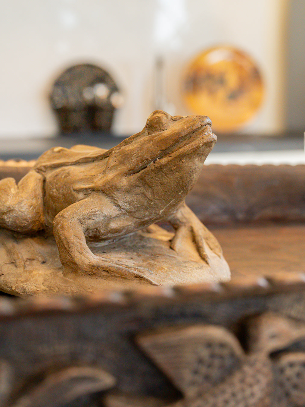 Aged patina clay frog figurine