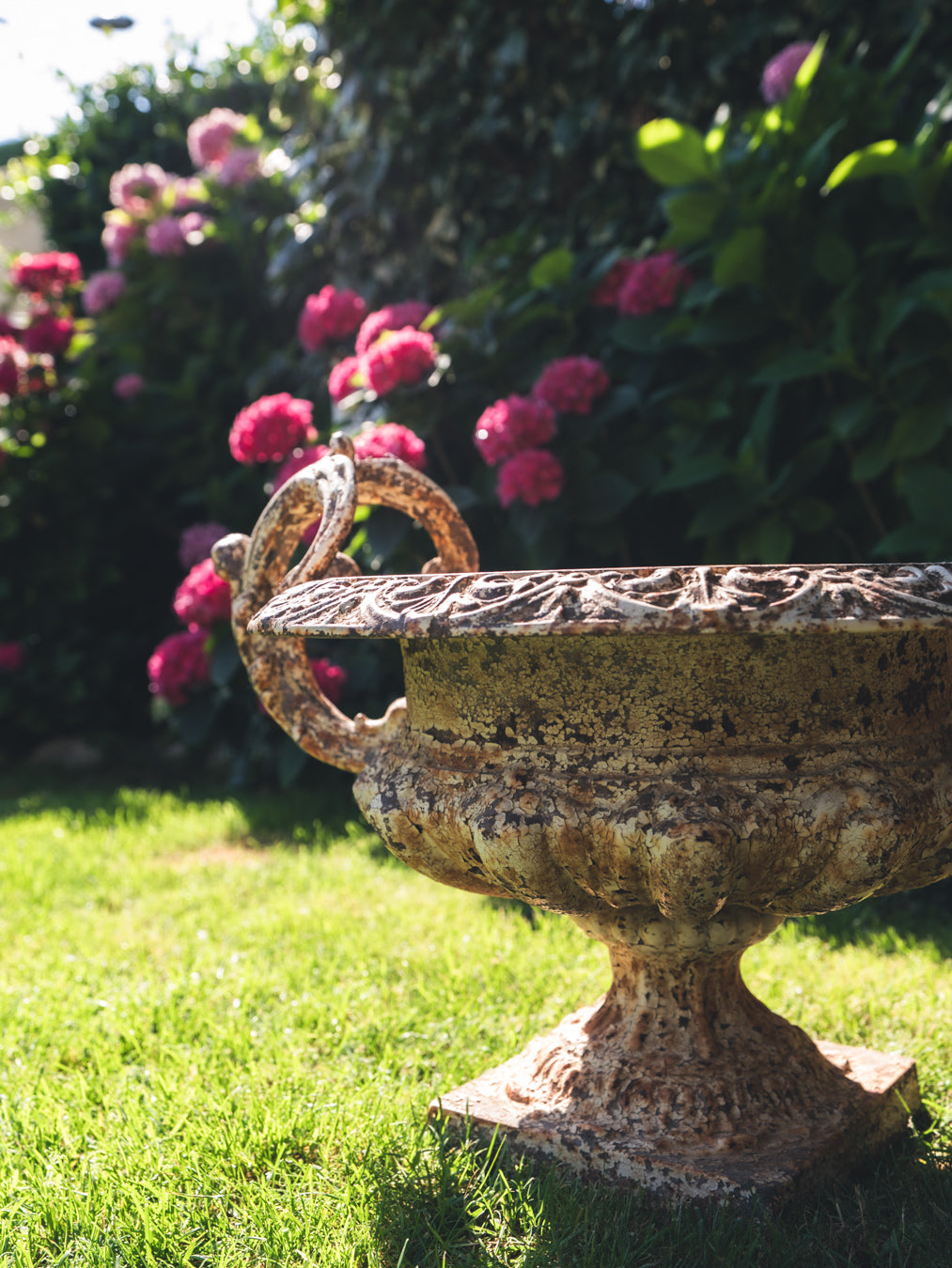 Pair of Late 19th Century Cast Iron Chambord Garden Planters w/ Weathered  White Patina 18½