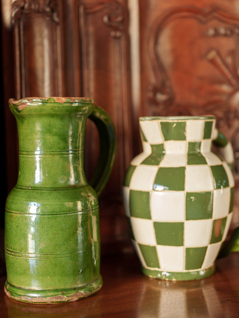 Mid-20th-Century French Green and White Checkerboard Pitcher - 8¼"