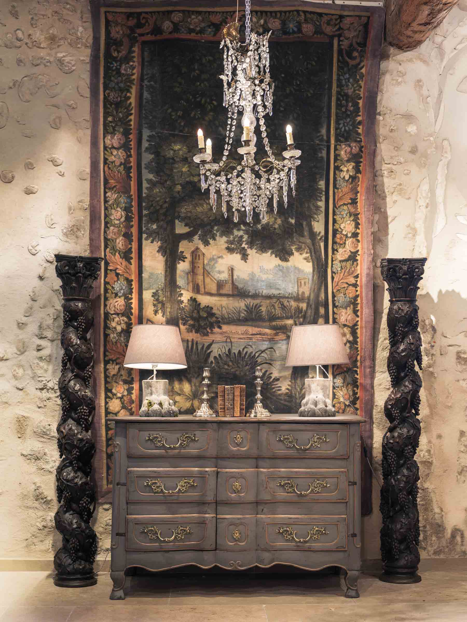 Large 18th Century Provençal Painted Hanging w/ Atmospheric Landscape & Rich Floral Border - 114¼" x 67"