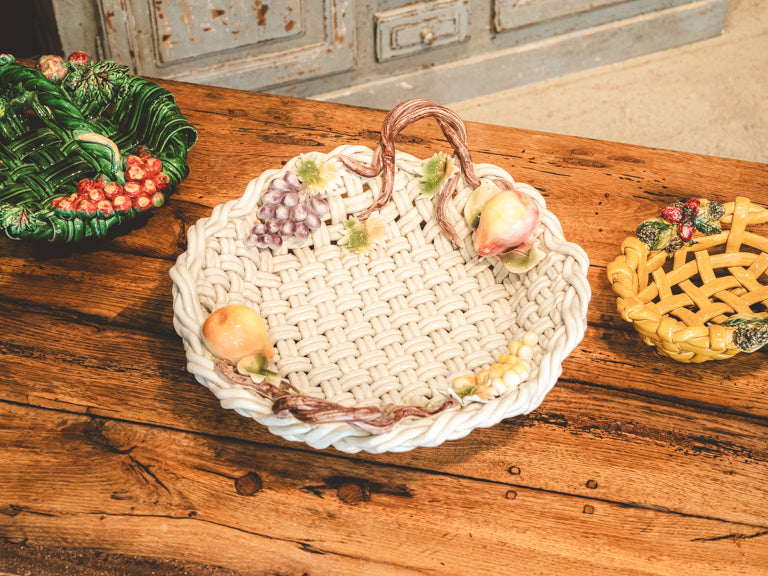 Large Mid-20th Century Vallauris Majolica Basket-Shaped Bowl W/ Barbotine Fruit - 20"