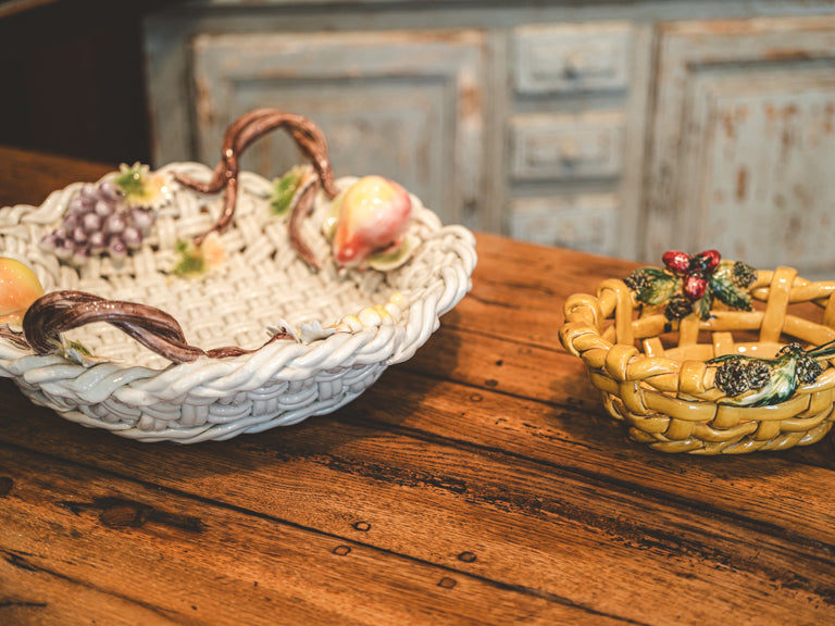 Large Mid-20th Century Vallauris Majolica Basket-Shaped Bowl W/ Barbotine Fruit - 20"