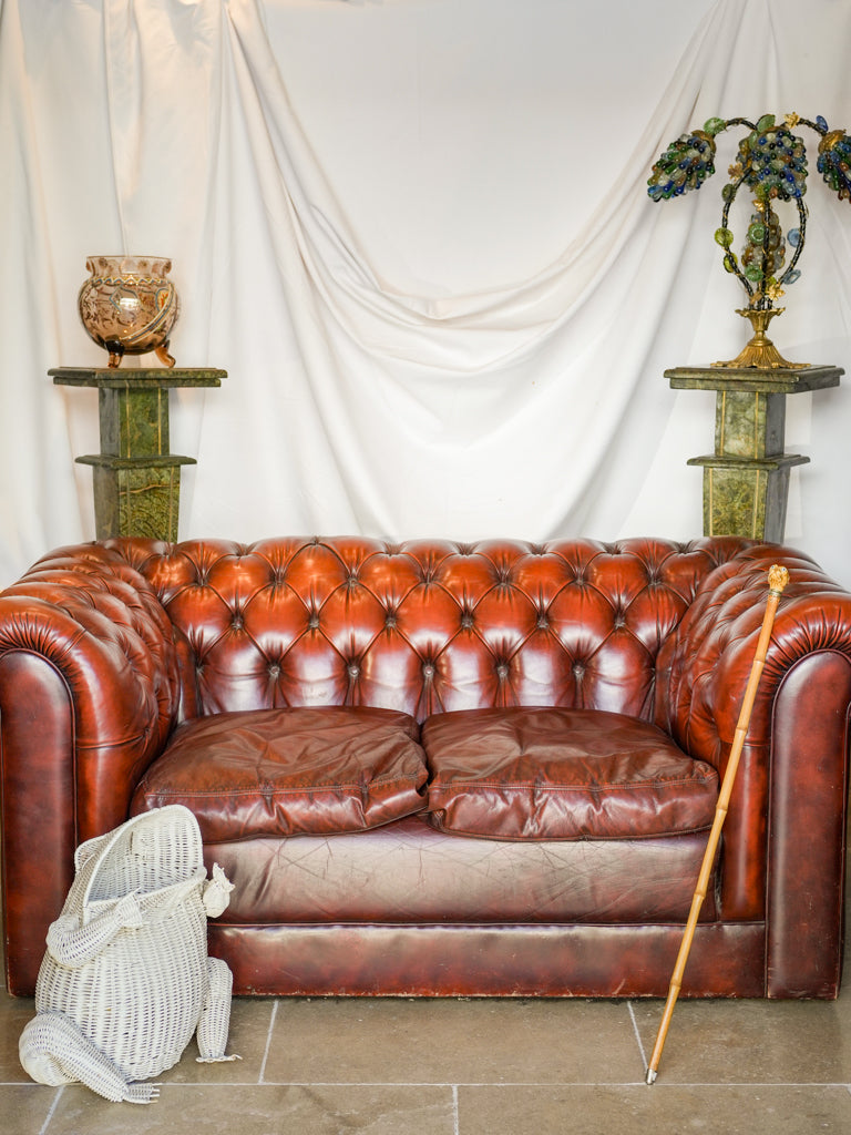 1970s Handcrafted Chesterfield Two-Seater in Patinated Burgundy Leather - 8¾"
