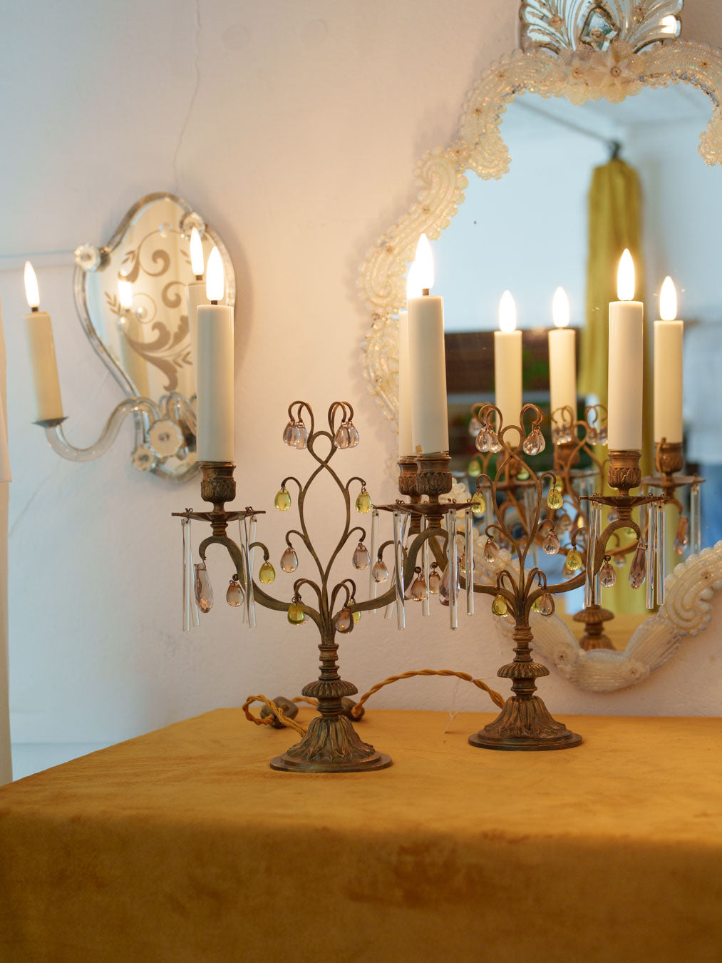 Pair of Early 20th-Century Brass Girandoles w/ Peridot-Green and Smoked-Glass Drops - 16½"