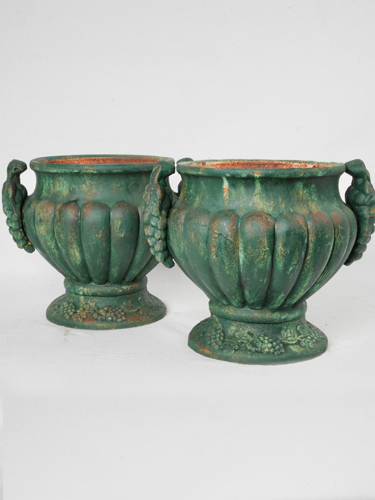 Pair of Antique French Cast Iron Planters w/ Green Patina & Vine Motifs - 11"