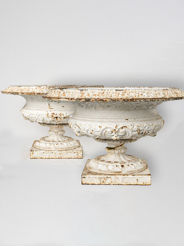 Pair of Antique Campana Cast Iron Planters w/ White Patina - 15¾"