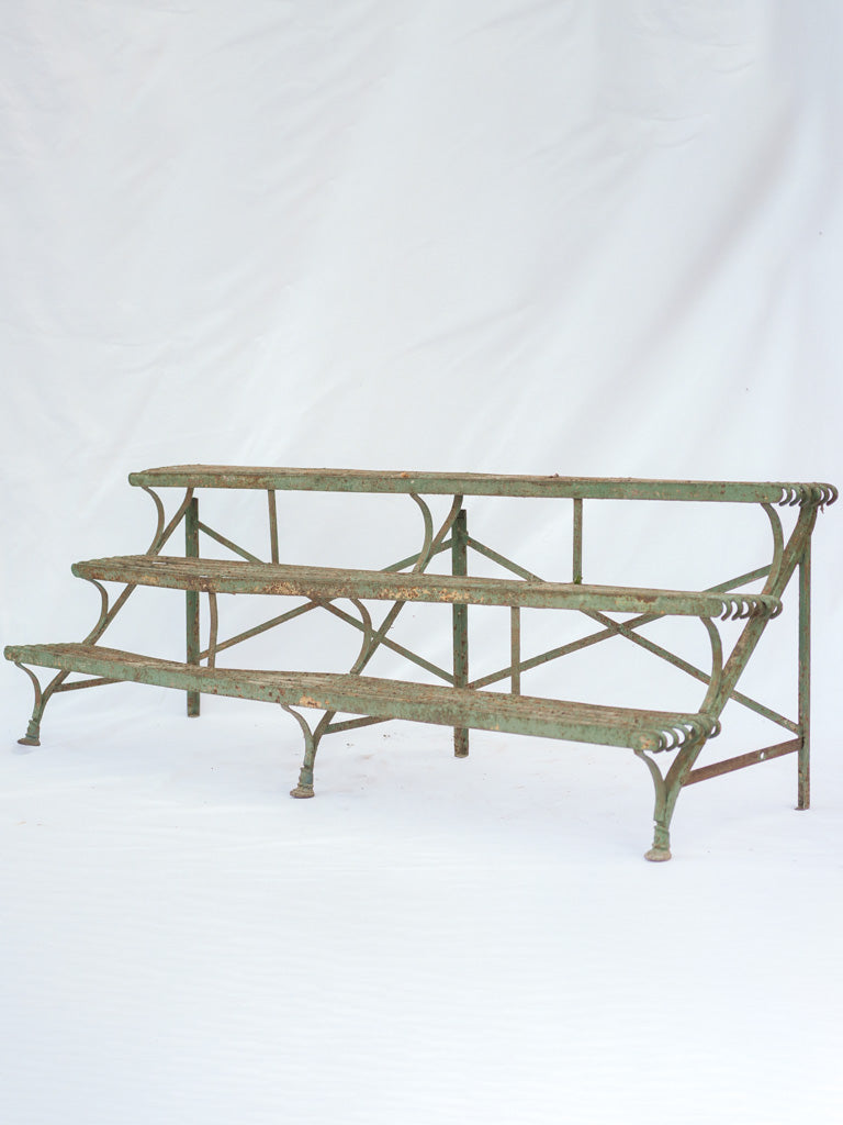 Antique French Arras-style 3-tier iron plant stand w/ rustic green pat, image size:768x1024