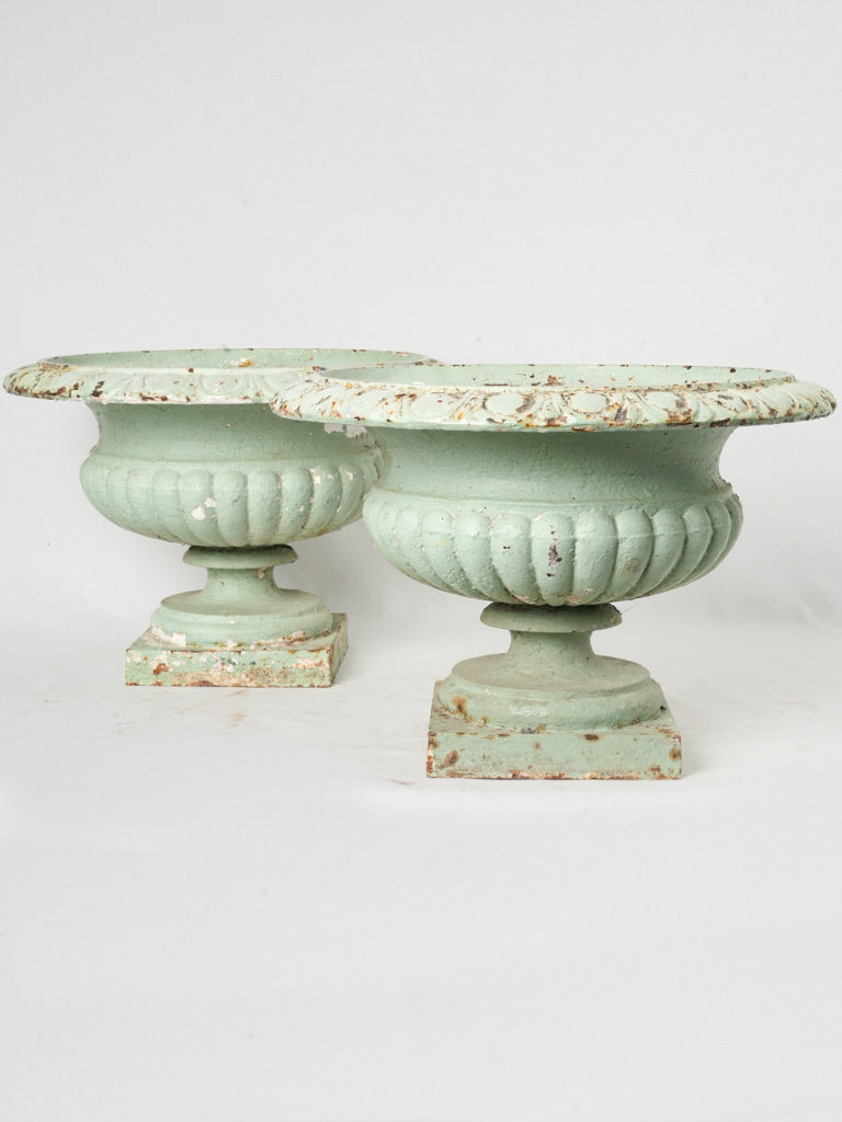 Pair of Late 19th-Century Cast-Iron Campana Planters w/ Sage Green Finish - 13"