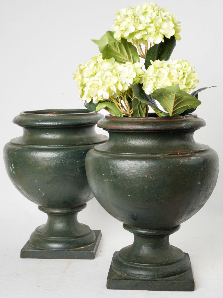 Pair of 1920s Cast Iron Urn Shaped Planters w/ Bronze Patina - 15¾"