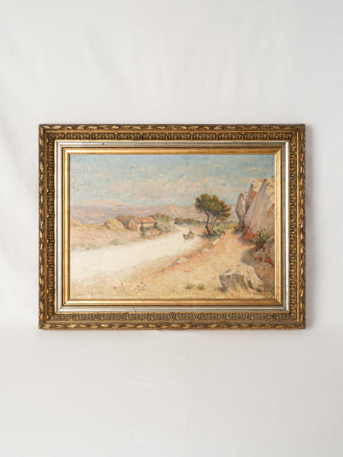 French Oil Painting of a Horse-Drawn Coach on Country Road dated 1912 - 24¾" x 32¼"