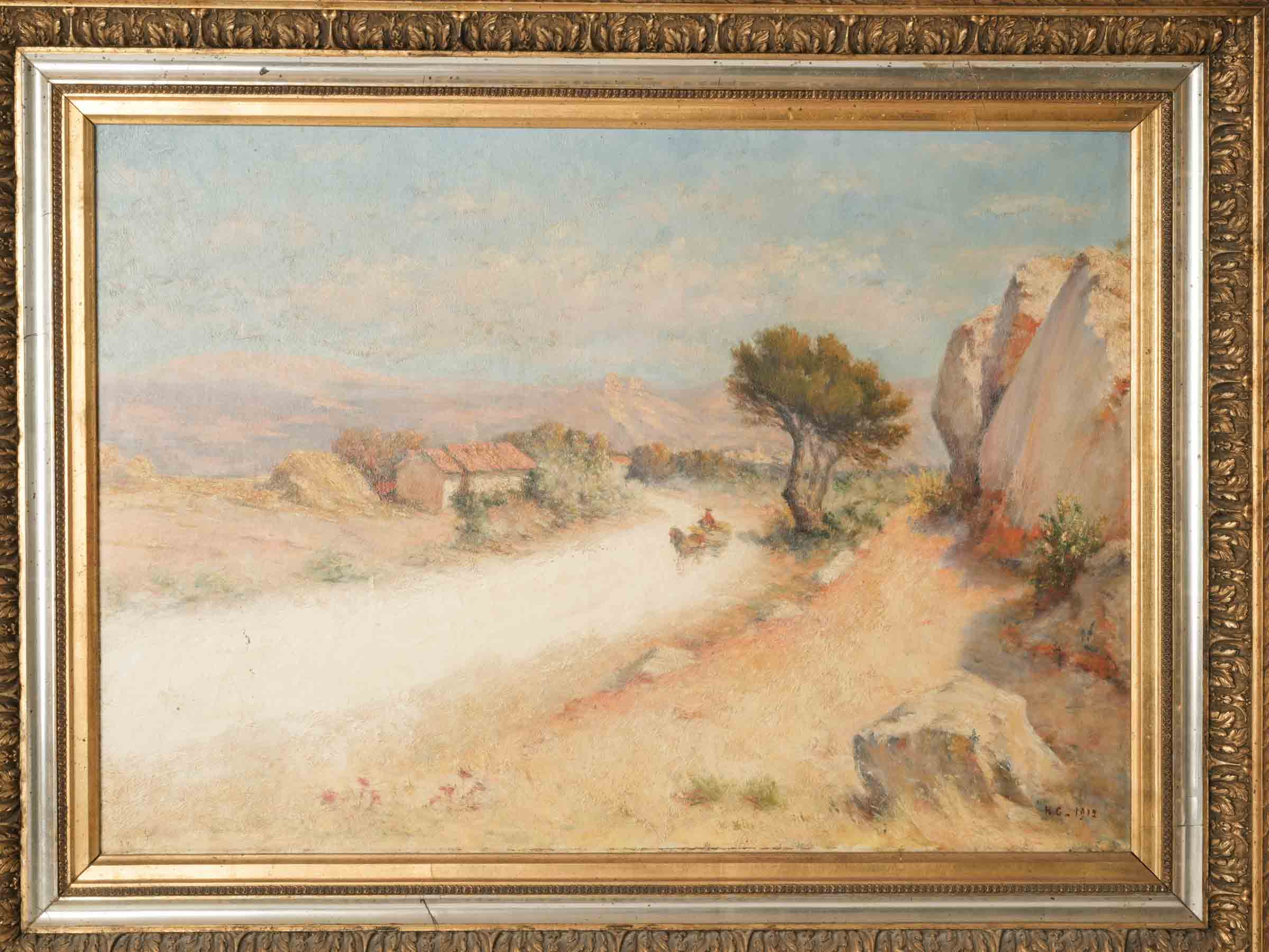French Oil Painting of a Horse-Drawn Coach on Country Road dated 1912 - 24¾" x 32¼"