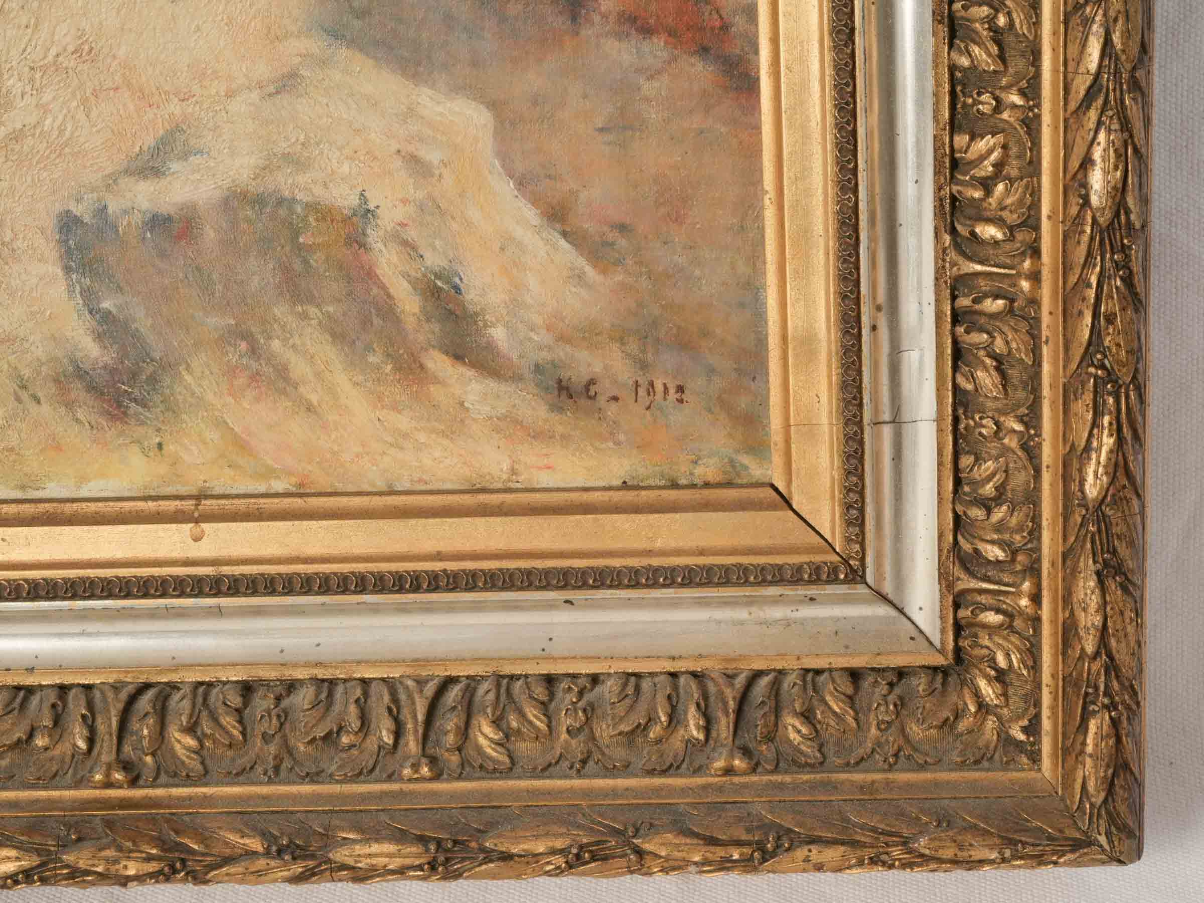 French Oil Painting of a Horse-Drawn Coach on Country Road dated 1912 - 24¾" x 32¼"