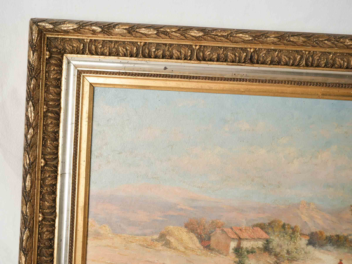 French Oil Painting of a Horse-Drawn Coach on Country Road dated 1912 - 24¾" x 32¼"