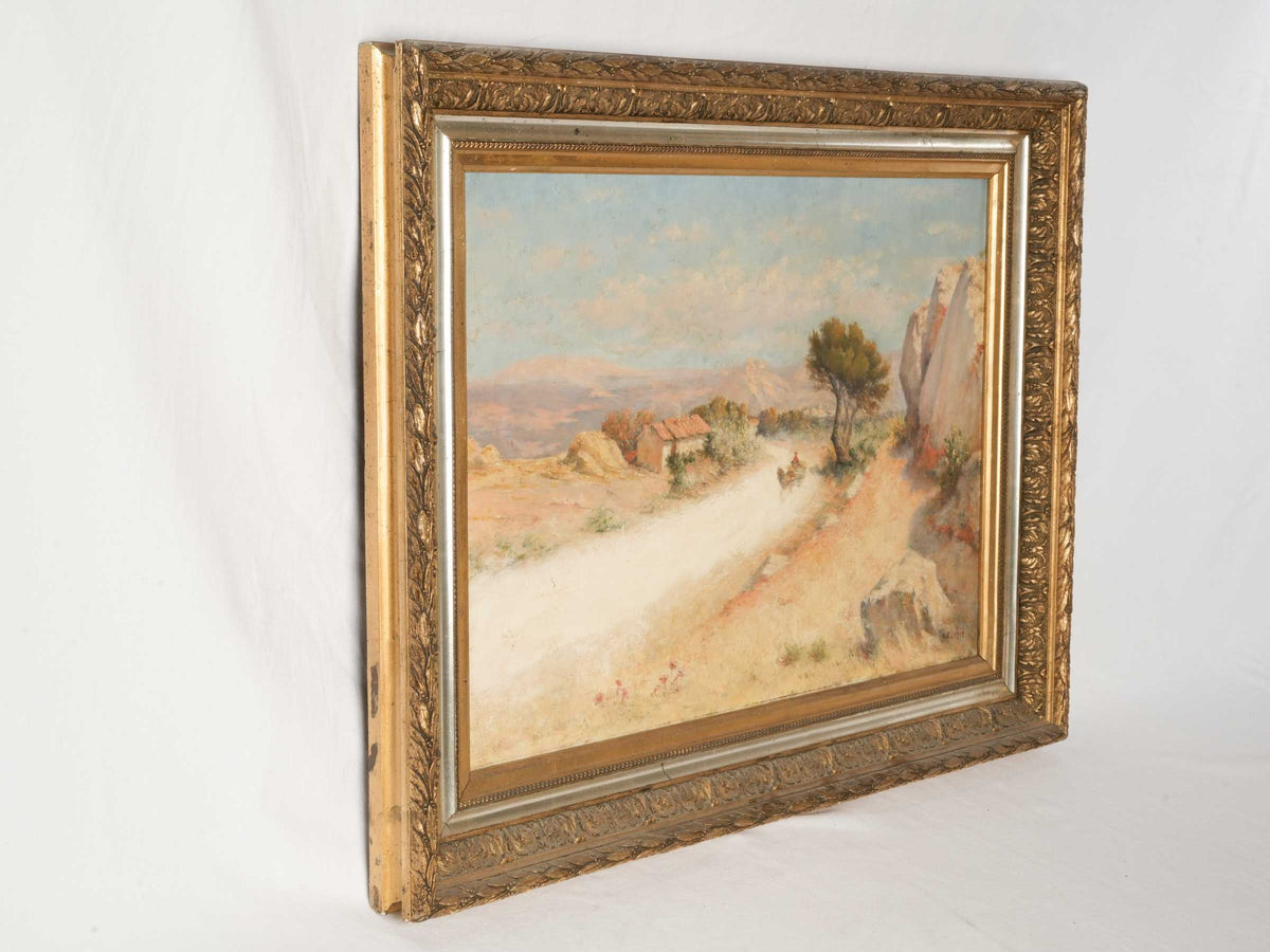 French Oil Painting of a Horse-Drawn Coach on Country Road dated 1912 - 24¾" x 32¼"