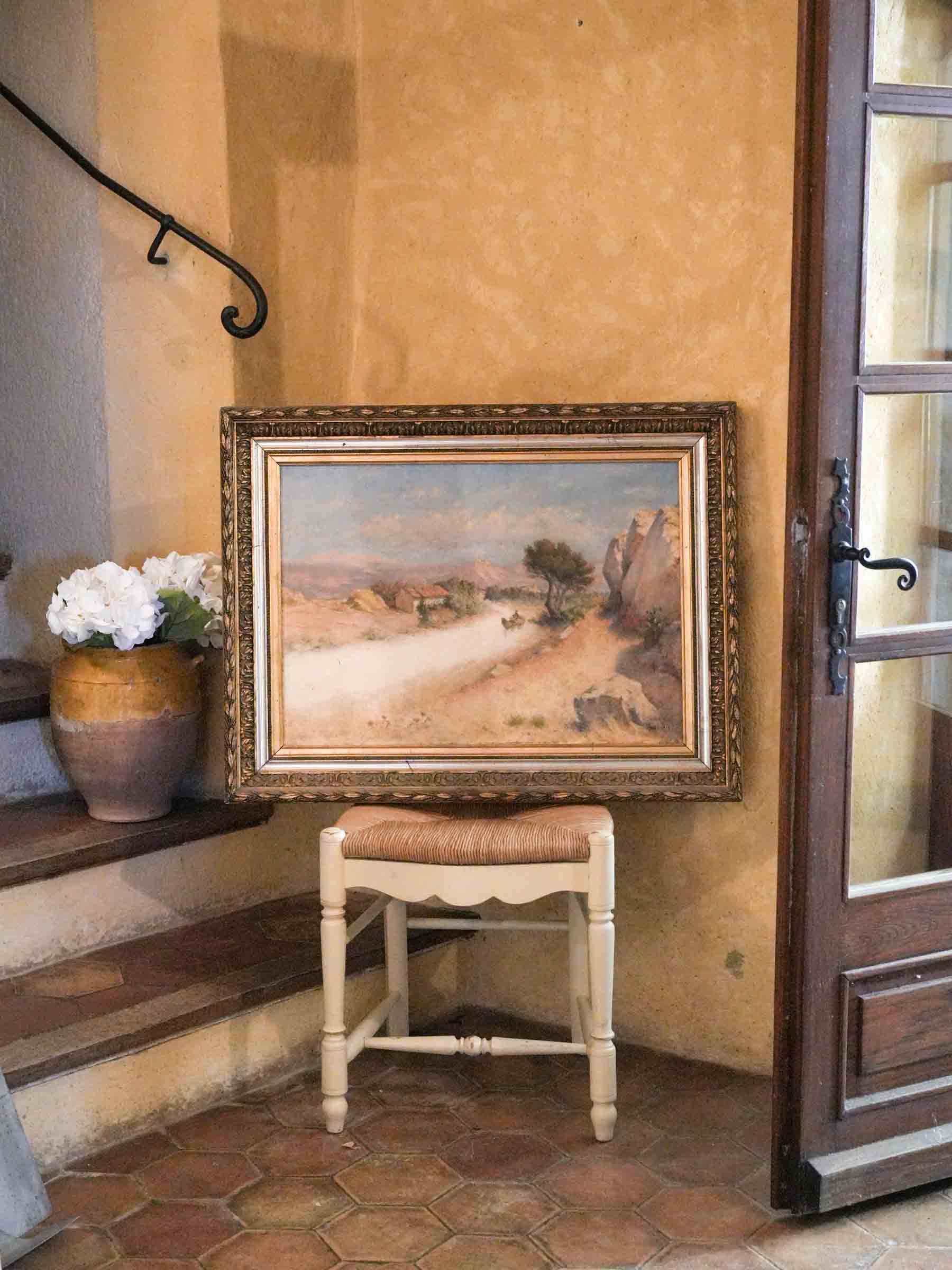 French Oil Painting of a Horse-Drawn Coach on Country Road dated 1912 - 24¾" x 32¼"