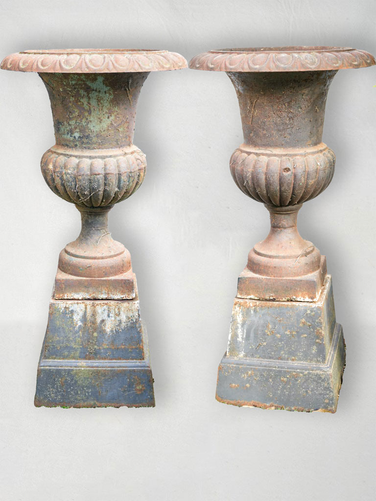 Pair of Mounted Antique French Cast Iron Medici Planters On Pedestals - 44½"
