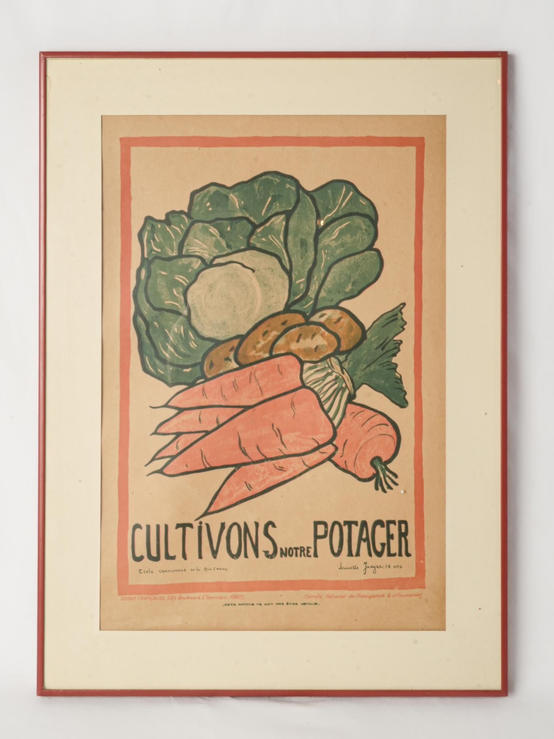 Framed French WWI School Poster with Vegetable Garden Design 26½" x 19¼"