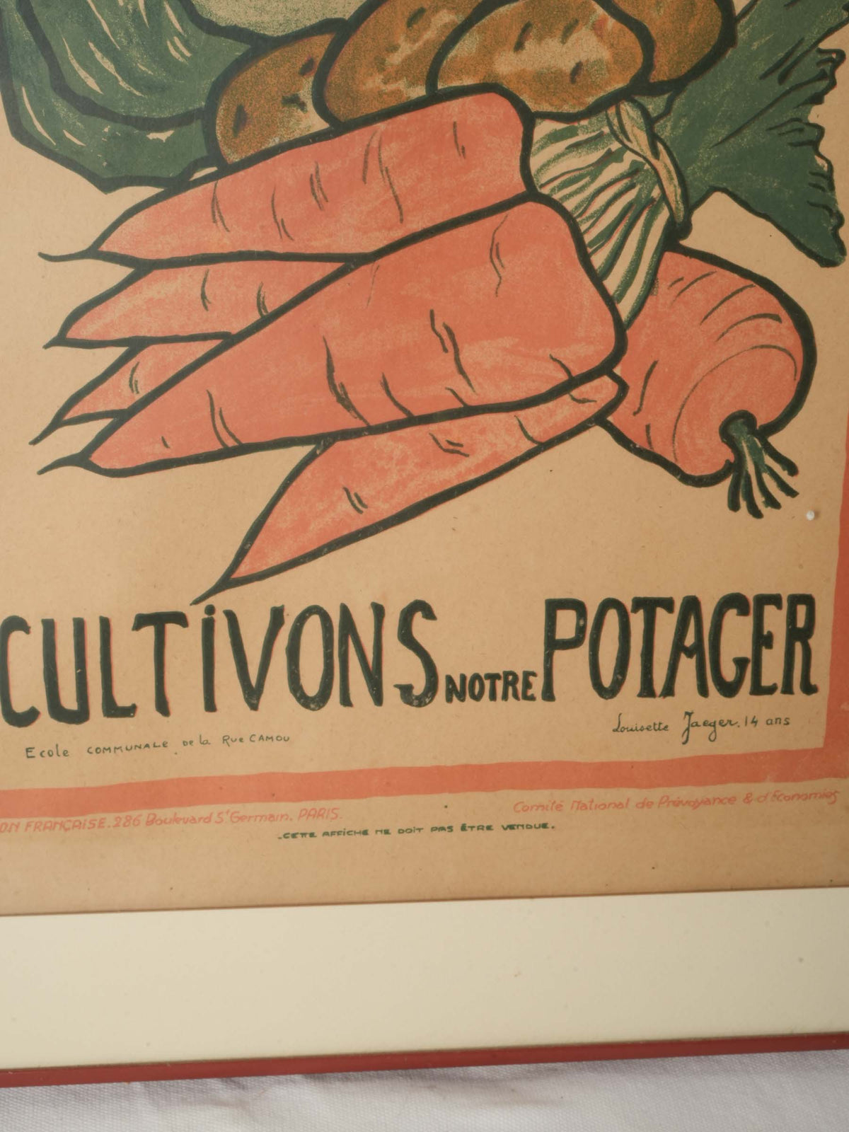 Framed French WWI School Poster with Vegetable Garden Design 26½" x 19¼"