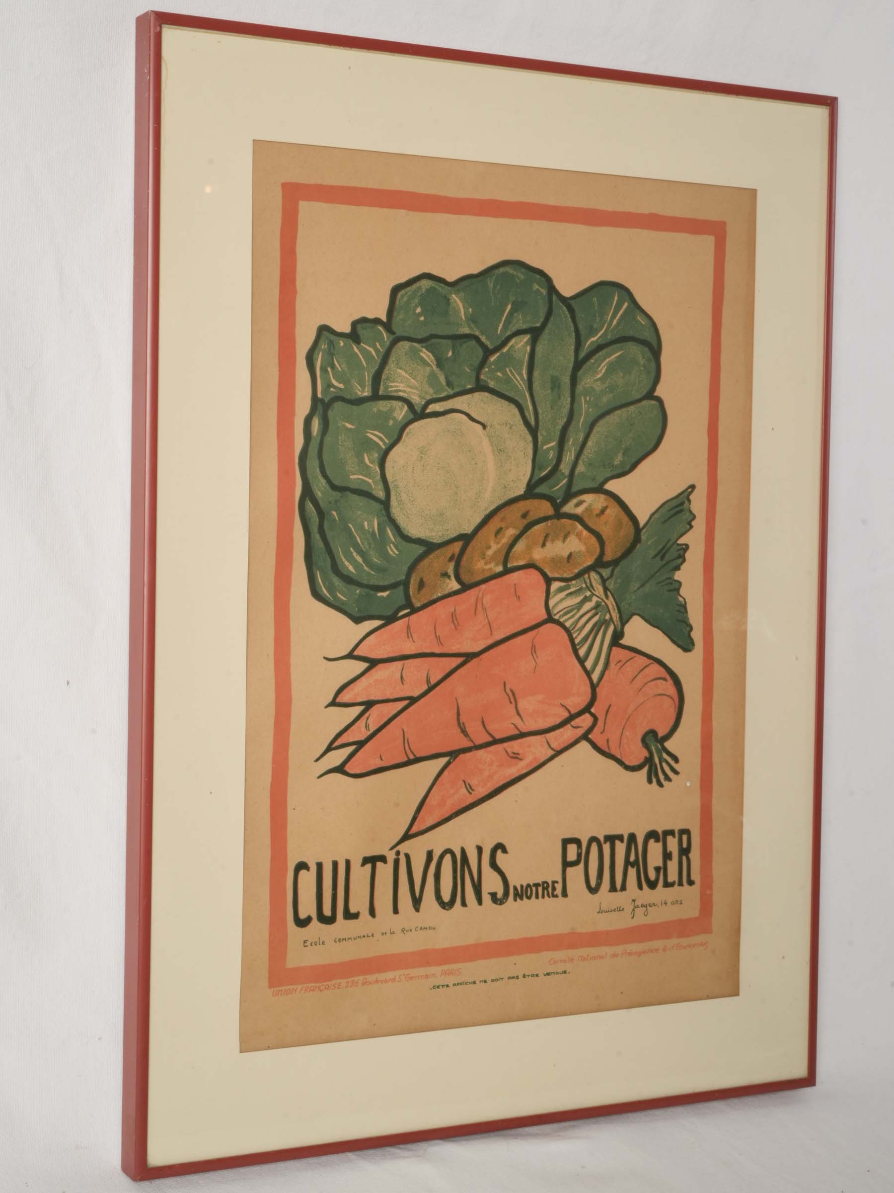 Framed French WWI School Poster with Vegetable Garden Design 26½" x 19¼"