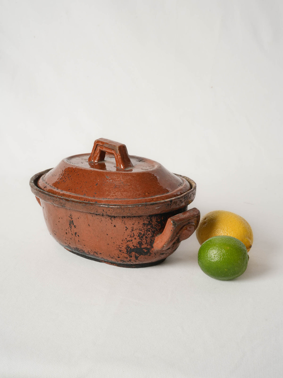 Antique lidded terrine from Vallauris w/ red ocher glaze 10¾"