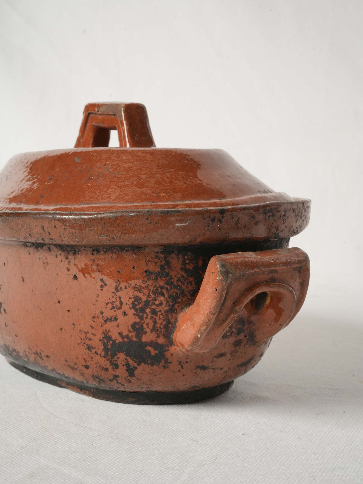 Antique lidded terrine from Vallauris w/ red ocher glaze 10¾"