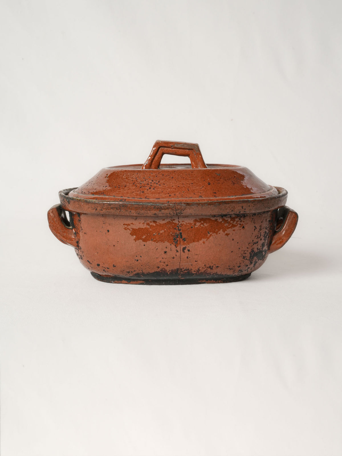Antique lidded terrine from Vallauris w/ red ocher glaze 10¾"
