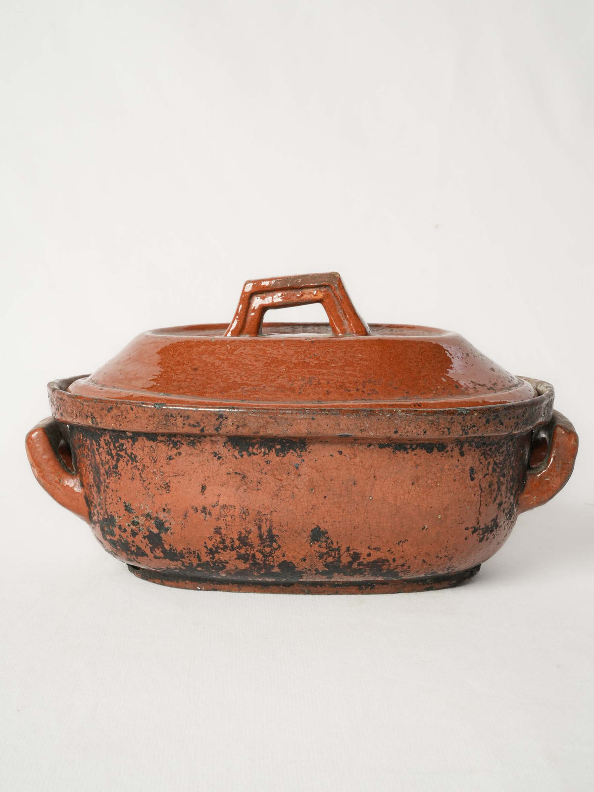 Antique lidded terrine from Vallauris w/ red ocher glaze 10¾"