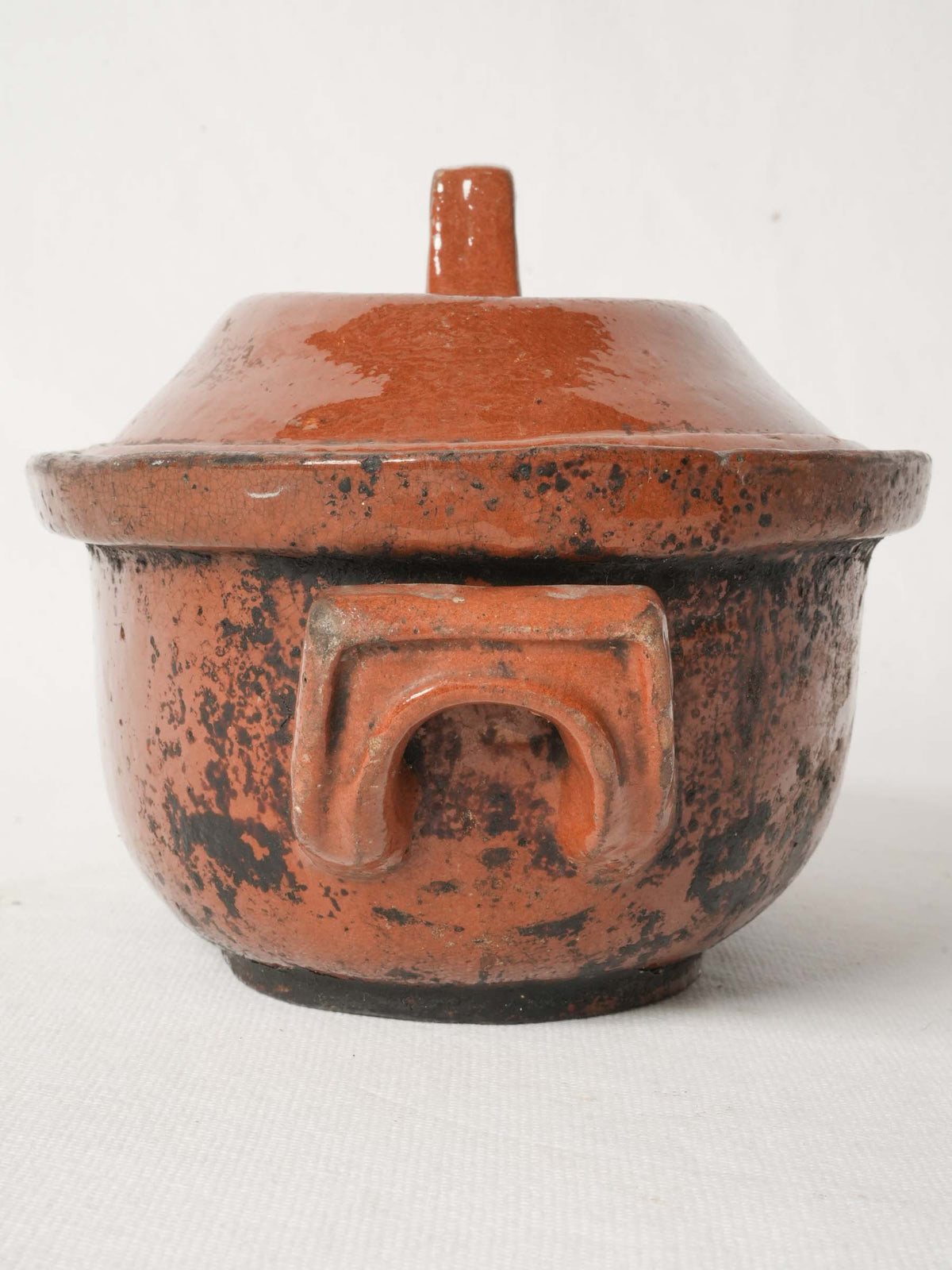 Antique lidded terrine from Vallauris w/ red ocher glaze 10¾"