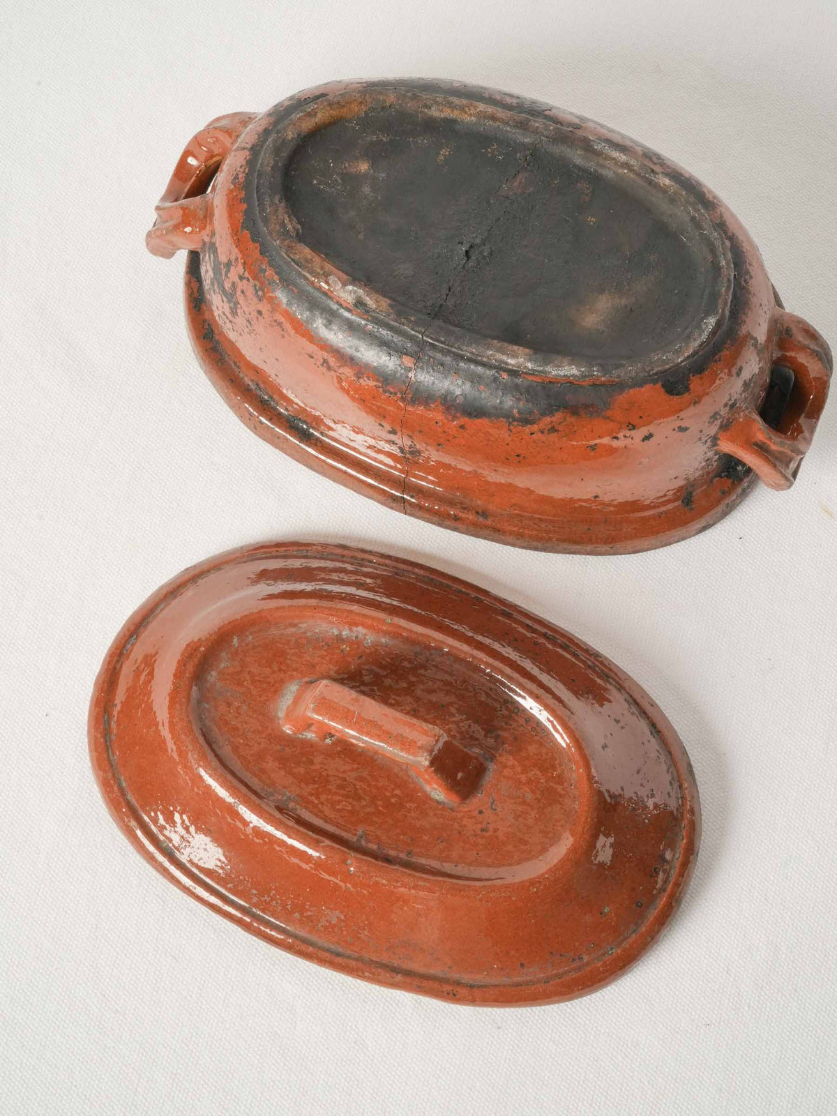 Antique lidded terrine from Vallauris w/ red ocher glaze 10¾"