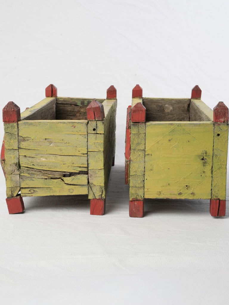 Pair of Cheerful 1940s Painted Wooden Planters in Chartreuse and Red - 15¾"